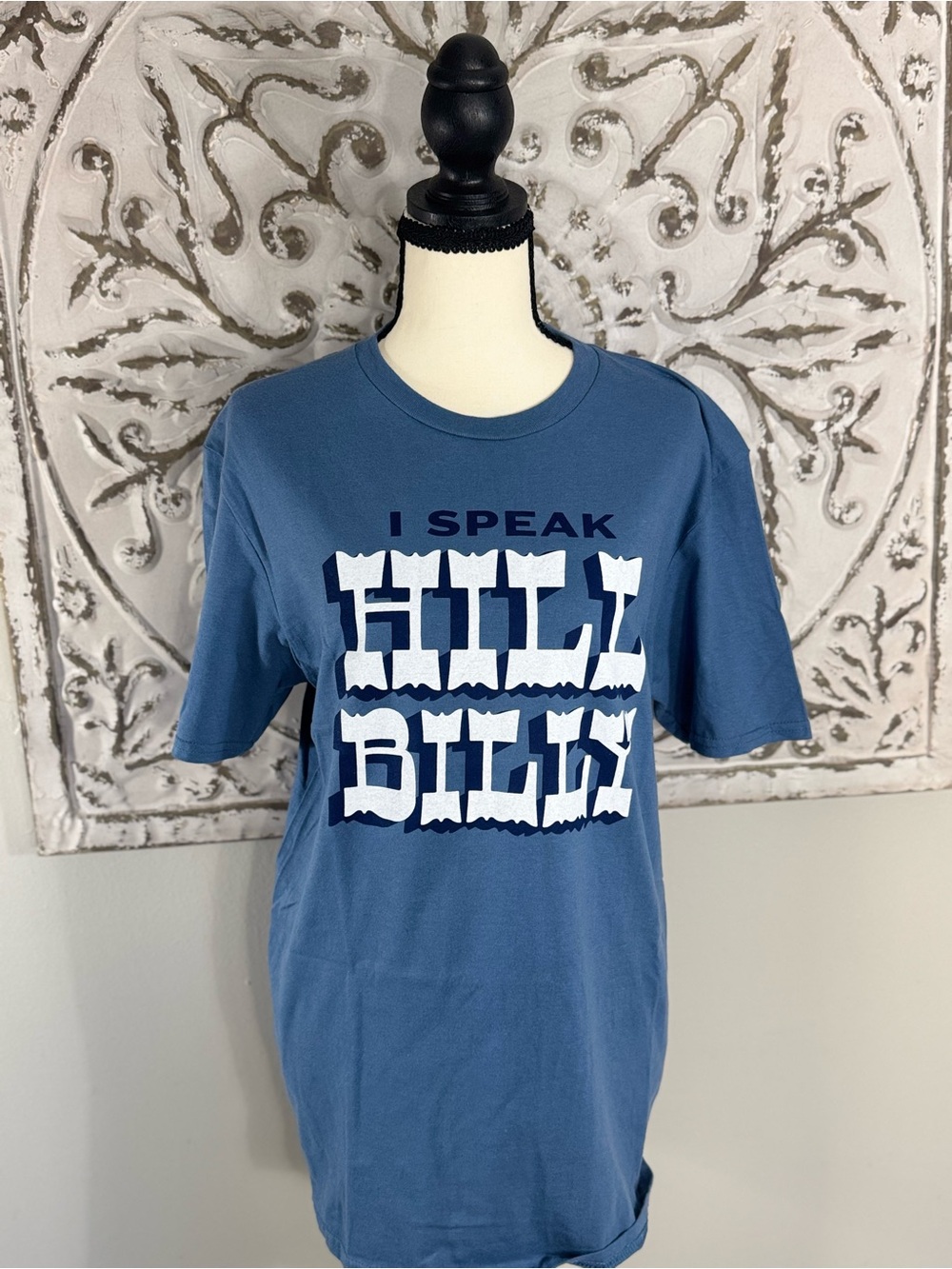 I Speak Hill Billy Graphic Tee - Blue with White Print